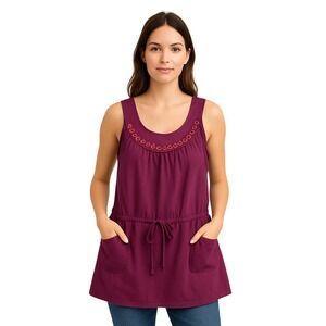 Inspira Magenta Pink Button Neck Drawstring Waist Tunic Top Size L Sleeveless